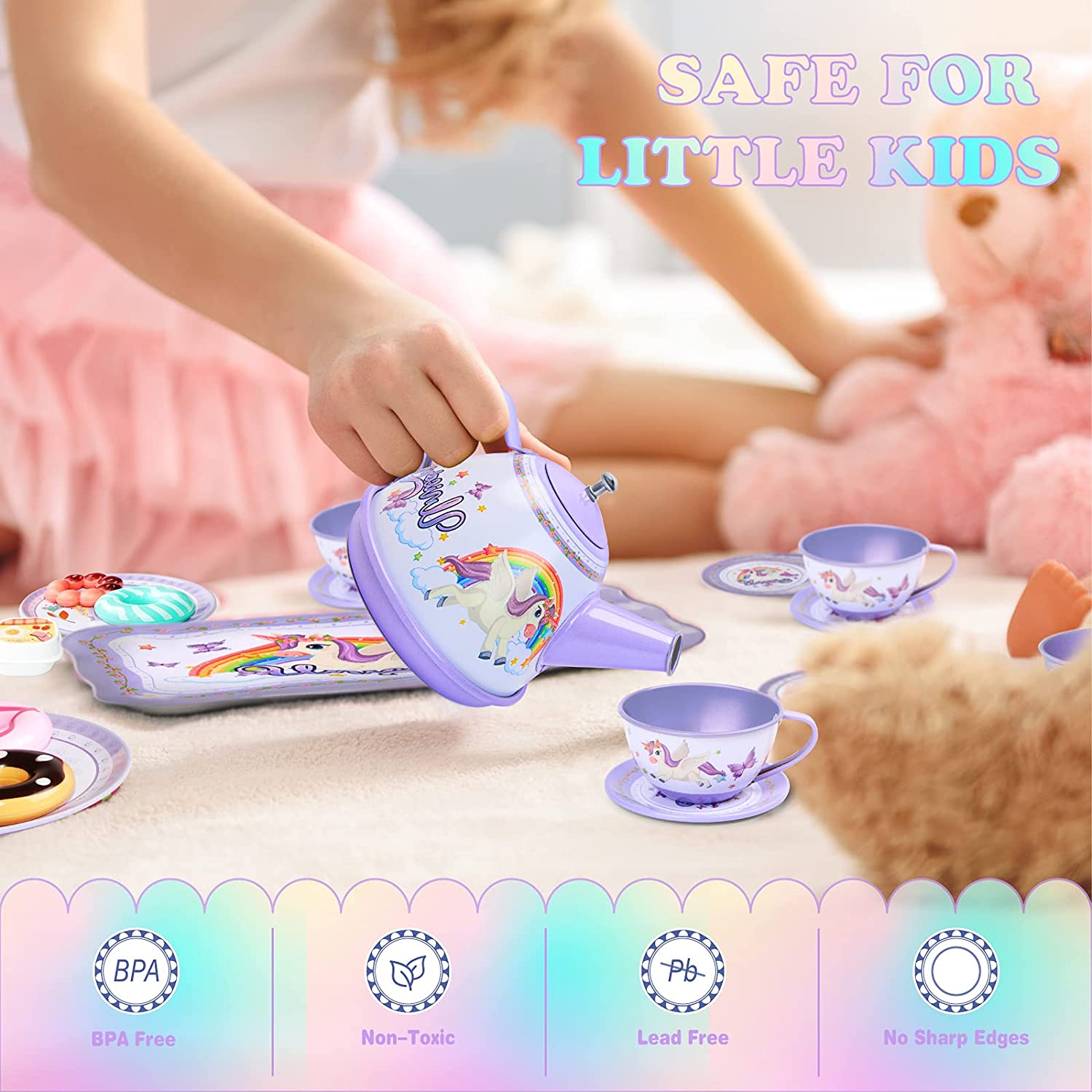 Tin Tea Party Set for Little Girls, Unicorn Party Toys Teapot Set with Storage Case And Accessories Plates, Pretend Kitchen Play Princess Age 3 4 5 6 7 8(Purple)