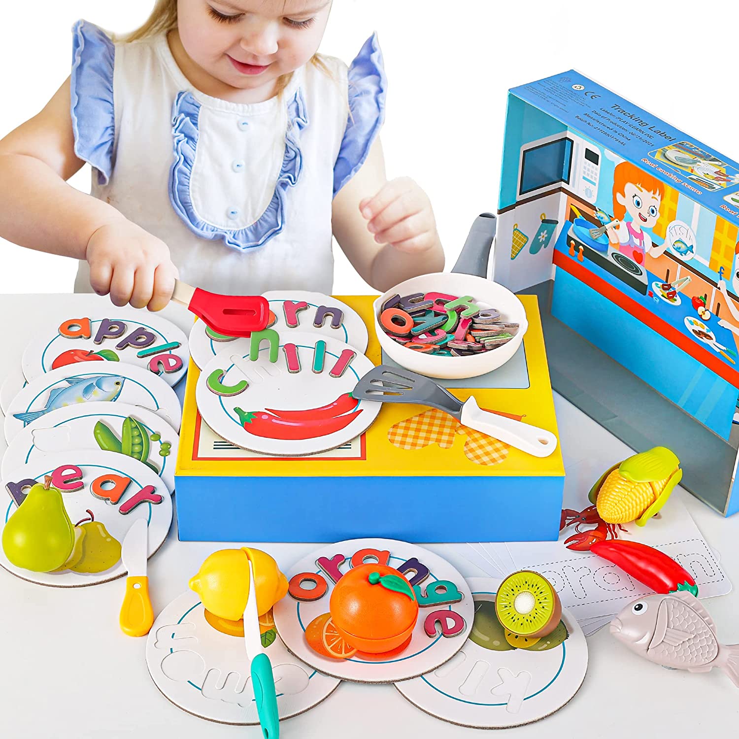 Kids Pretend Play Kichen Food Playset, Toddler Match Letters Learning Toy W/ Alphabet Flash Card, Cooking & Cutting Toy, Preschool Educational Birthday Gift for 3 4 5 6 Year Old Boy Girl