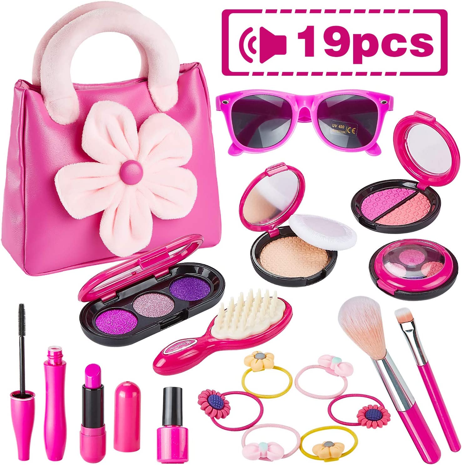 Play Makeup Set with Pink Floral Tote Bag for Little Girls Age 3+