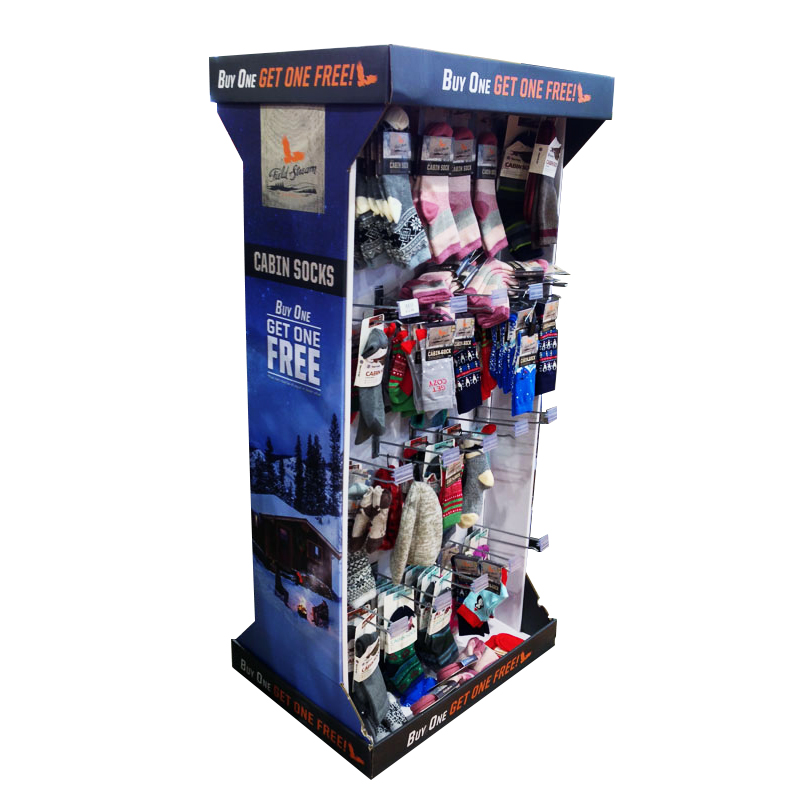 Portable Cardboard Floor Hook Display Stand Retail Supermarket Half Pallet Apparel Socks Underwear Clothing T Shirt Display