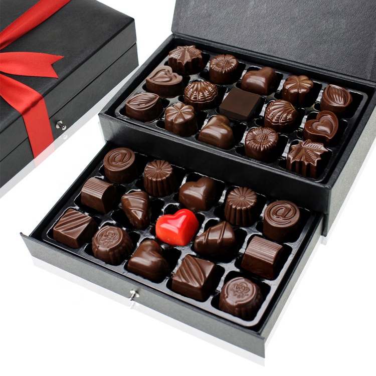 Empty Chocolate Box Red Heart Shape Custom Design Gift Boxes Black Gold Double Drawer Christmas Chocolate Packing